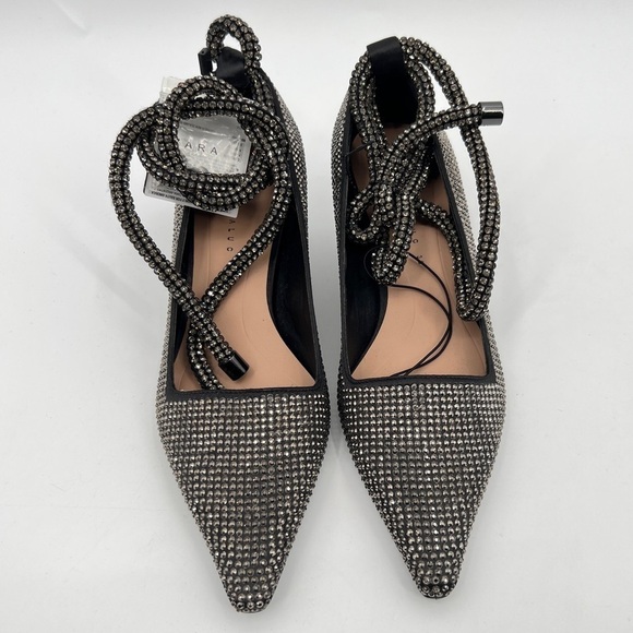 ZARA NEW GEM RHINESTONE BLACK GRAY SILVER POINTED BOW TIE ANKLE KITTEN HEELS 6 - Picture 3 of 11